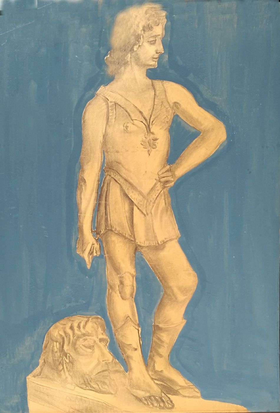 Disegno su cartoncino,carboncino e  tempera. Studio accademico scultura in bronzo di Davide di Donatello